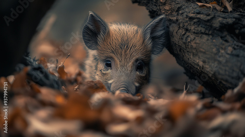 Młody dzik wychyla się spośród opadłych liści i uważnie przygląda się otoczeniu w lesie, częściowo ukryty za drewnianym pniem. photo