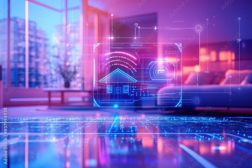 Holographic security interface, smart home system, modern minimalist interior, warm lighting, No logo, No Trademark, No text, minimal concept with copy space for stock photo Holographic security interface, smart home system, modern minimalist interior, warm lighting, No logo, No Trademark, No text, minimal concept with copy space for stock photo
