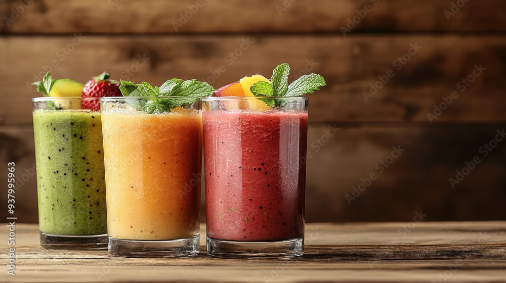 Colorful smoothies with fresh fruits and mint on a wooden background. Fruit smoothie. Fruit milkshakes or smoothies with strawberries, apricots, berries, mint leaves, and straws Colorful smoothies with fresh fruits and mint on a wooden background. Fruit smoothie. Fruit milkshakes or smoothies with strawberries, apricots, berries, mint leaves, and straws