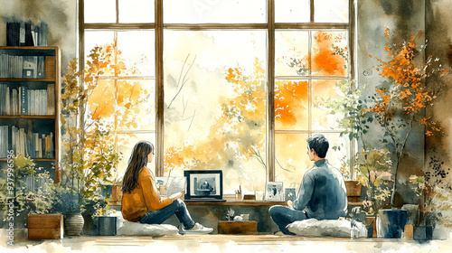 Serene Home Relaxation in Soft Watercolor - Tranquil Family Time in Gentle Tones