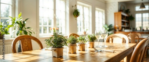 Sunny Dining Room with Wooden Table and Fresh Herbs