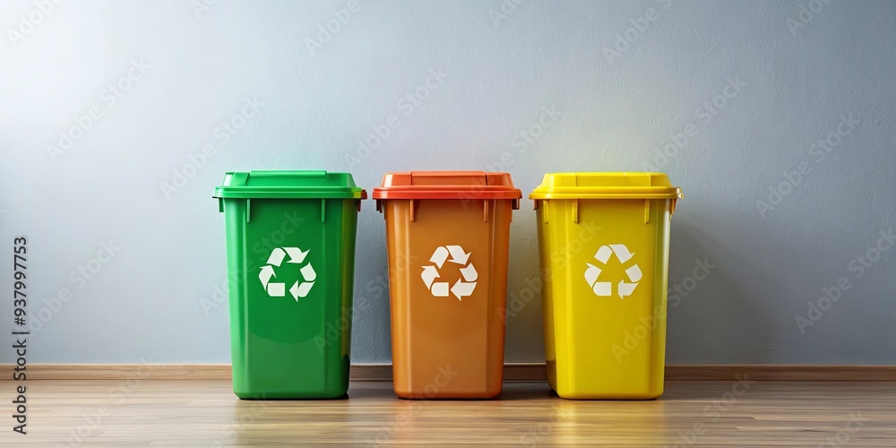 Trash cans for garbage separation, concept of recycling and waste management Trash cans for garbage separation, concept of recycling and waste management