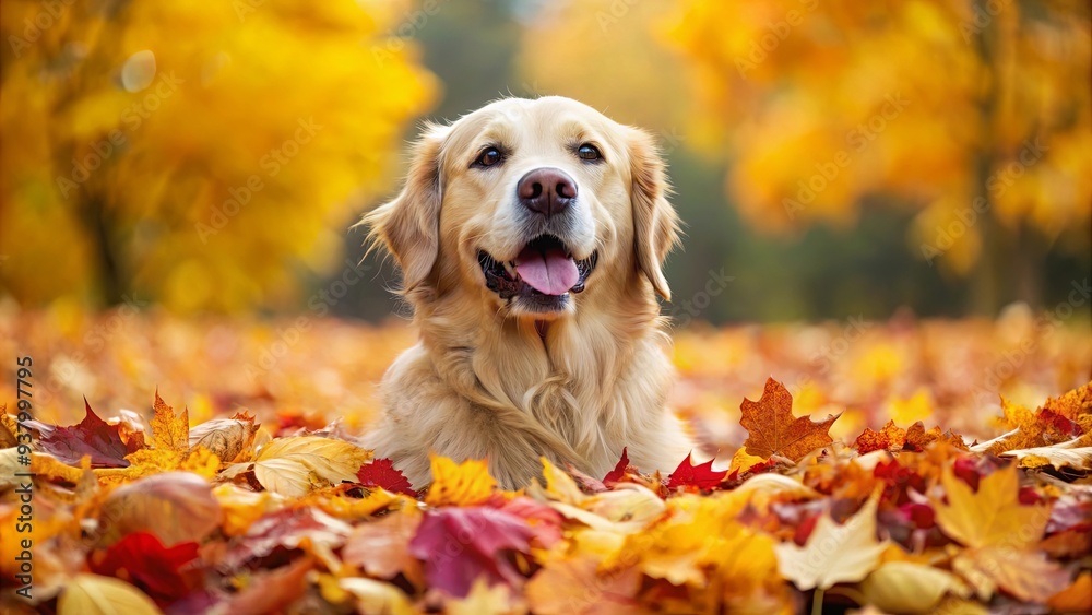 Golden retriever dog happily playing in a colorful pile of autumn leaves Golden retriever dog happily playing in a colorful pile of autumn leaves