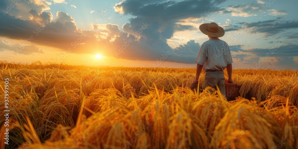 Fototapeta premium Farmer at Sunset