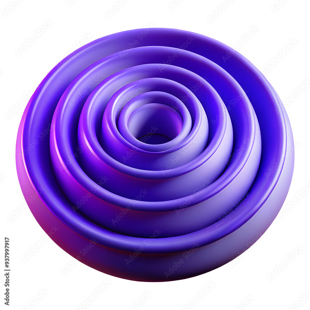 The image is a 3D rendering of an abstract object with a series of spiraling, round rings arranged in a nested formation. The color scheme features gradients of purple and pink, with the outermost lay The image is a 3D rendering of an abstract object with a series of spiraling, round rings arranged in a nested formation. The color scheme features gradients of purple and pink, with the outermost lay