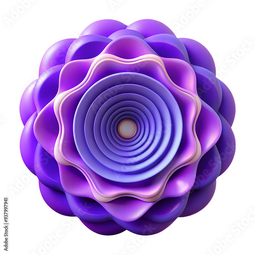 The image is a 3D rendering of an abstract object with a series of wavy rings arranged one after the other. The color scheme includes gradients of purple and pink. There is rotational symmetry in the 