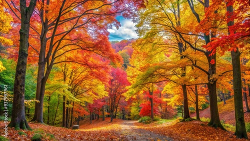 Vibrant autumn forest with colorful leaves, trees, and peaceful atmosphere