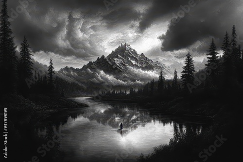 black and white photo of mountain and lake photo