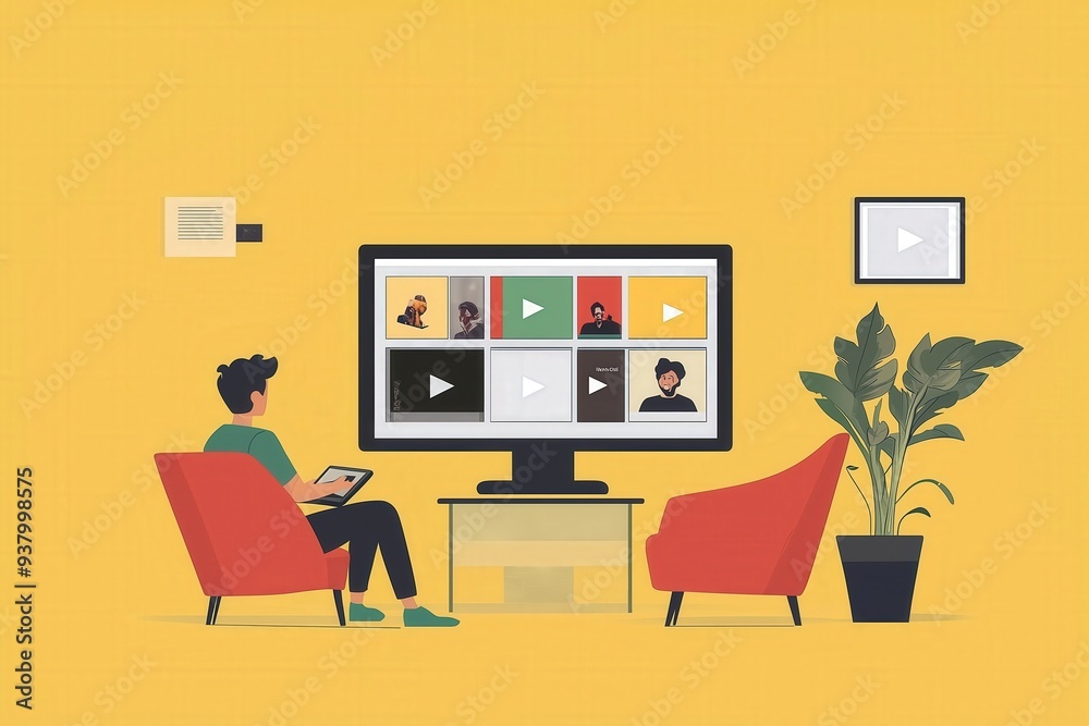 Fototapeta premium On-demand video selection, user browsing content, flat design illustration, No logo, No Trademark, No text, minimal concept with copy space for stock photo