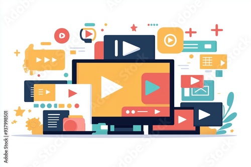Live streaming interface, diverse media options, flat design illustration, No logo, No Trademark, No text, minimal concept with copy space for stock photo