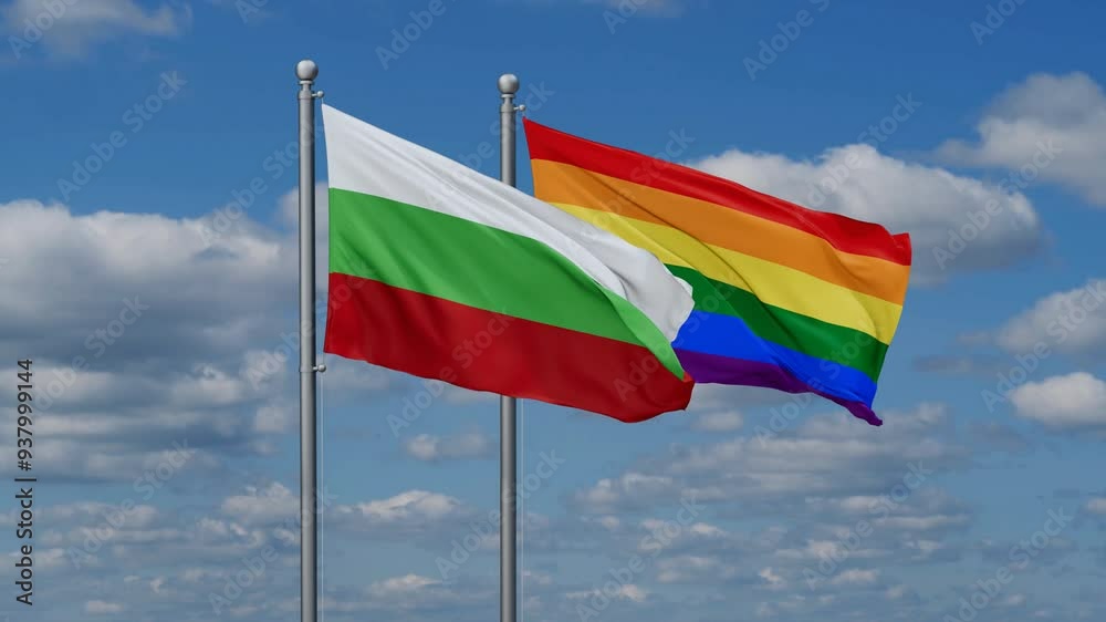 LGBT movement flag also Gay Pride and Bulgaria two flags waving cycle looped video, tolerance conception in country