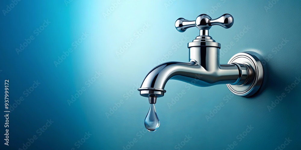 Classical silver water tap dripping water drop in minimalism on blue background Classical silver water tap dripping water drop in minimalism on blue background