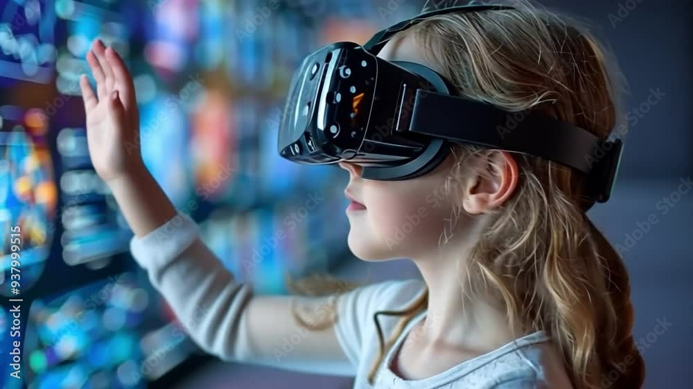 In a science lab, a little girl uses virtual reality to learn about chemical structure.A young girl in a science lab utilising virtual reality to learn about chemical structure In a science lab, a little girl uses virtual reality to learn about chemical structure.A young girl in a science lab utilising virtual reality to learn about chemical structure