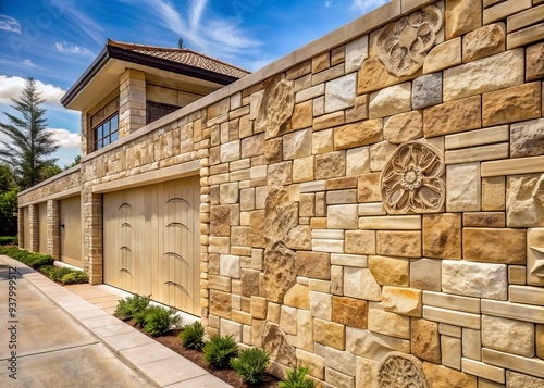 Rustic beige natural stone blocks with random parking tile design create a unique exterior wall cladding, featuring carved stone elements and creamy ivory accents.