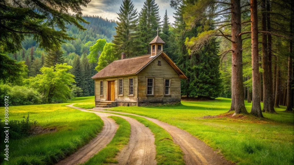 Rustic one-room schoolhouse stands alone in a lush green meadow surrounded by tall trees, with a worn dirt path leading up to the entrance door. Rustic one-room schoolhouse stands alone in a lush green meadow surrounded by tall trees, with a worn dirt path leading up to the entrance door.