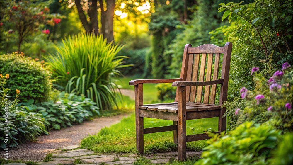 An old wooden chair placed in a lush garden setting An old wooden chair placed in a lush garden setting