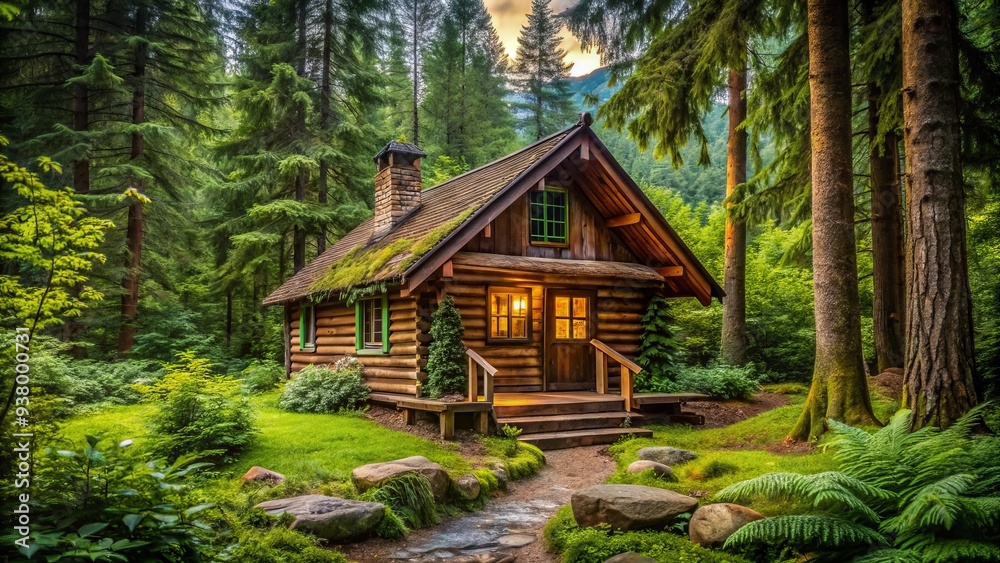 Rustic wooden logs with intricate knots and grooves form the textured exterior of a secluded cabin, surrounded by lush green foliage in a serene wilderness setting.