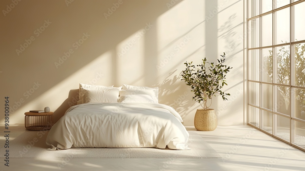 Design a contemporary bedroom scene featuring a minimalistic bed with crisp, white linens, placed against a smooth, light-colored wall. Natural light from large windows should softly illuminate the Design a contemporary bedroom scene featuring a minimalistic bed with crisp, white linens, placed against a smooth, light-colored wall. Natural light from large windows should softly illuminate the