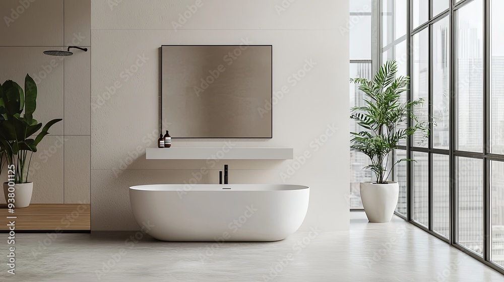 Design a minimalist bathroom interior with a focus on a sleek, modern sink and mirror set against a smooth, light-colored wall. The space should be uncluttered, with natural light streaming in from Design a minimalist bathroom interior with a focus on a sleek, modern sink and mirror set against a smooth, light-colored wall. The space should be uncluttered, with natural light streaming in from
