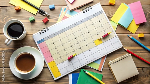 A colorful calendar filled with sticky notes and colorful pens, surrounded by coffee cups and laptops, highlighting a busy month of work and deadlines. photo