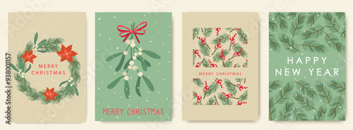 Merry Christmas and Happy New Year greeting cards set, poinsettia wreath with mistletoe and fir branches. Winter vector illustration.