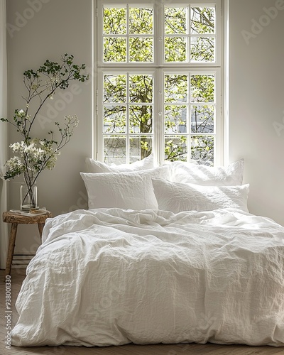 Design a serene bedroom interior with a minimalist approach, showcasing a simple bed with crisp white linens placed against a smooth, neutral wall. Large windows should allow natural light to softly