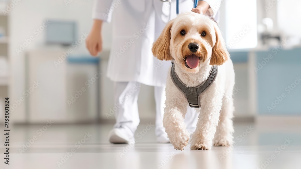 Dog wearing a supportive harness, walking with the help of a vet in a clinic, mobility aid, veterinary rehabilitation Dog wearing a supportive harness, walking with the help of a vet in a clinic, mobility aid, veterinary rehabilitation