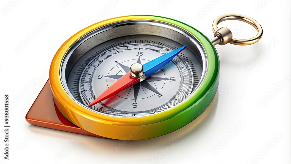 A colorful compass with a prominent direction-of-travel arrow and surrounding ring, symbolizing guidance, navigation, and exploration on a white background with subtle shadow. A colorful compass with a prominent direction-of-travel arrow and surrounding ring, symbolizing guidance, navigation, and exploration on a white background with subtle shadow.