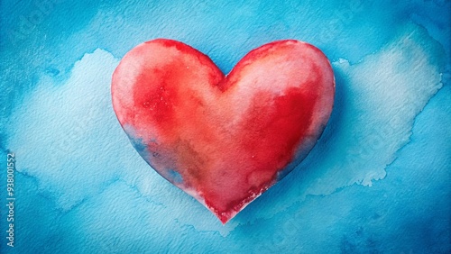 Red watercolor painted heart shape on blue background