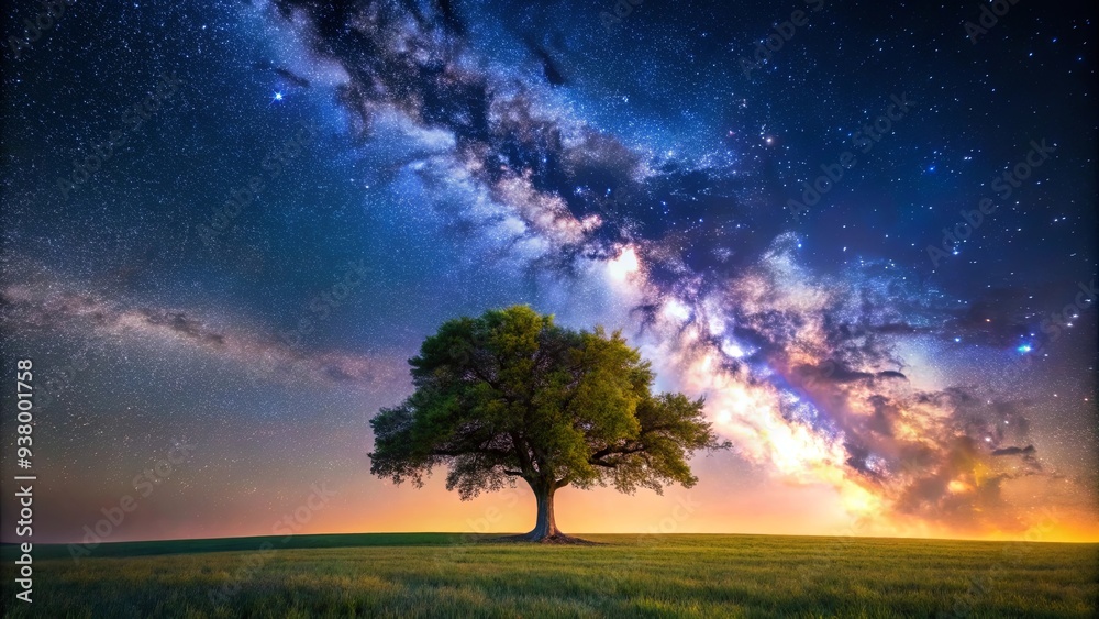 Lonely oak tree under milky way galaxy night sky in vast field Lonely oak tree under milky way galaxy night sky in vast field