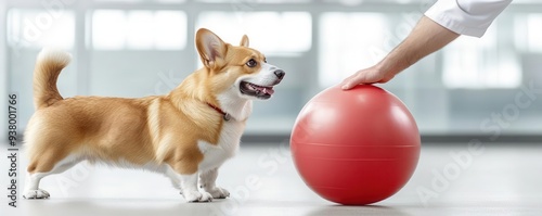 Veterinarian working with a dog on balance exercises using a stability ball, balance training, animal rehabilitation photo