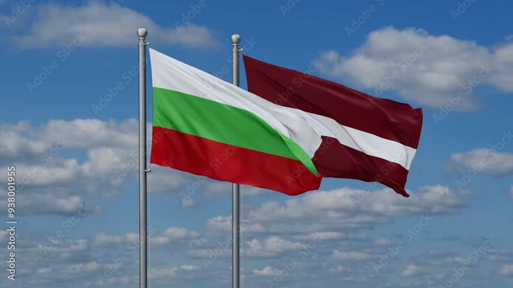 Latvia and Bulgaria flags flying together, video concept of the relationship, two country cooperation concept Latvia and Bulgaria flags flying together, video concept of the relationship, two country cooperation concept