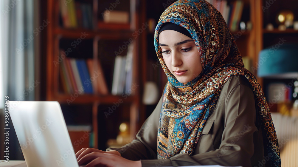 smiling young Muslim woman works from home smiling young Muslim woman works from home