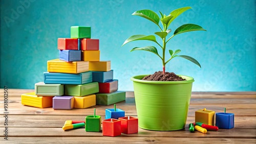 A colorful illustration of a growing plant with roots and leaves, surrounded by blocks, toys, and learning materials, symbolizing childhood development and education. photo