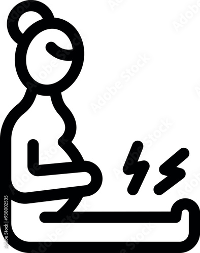 Line icon of a pregnant woman holding her belly and suffering from back pain