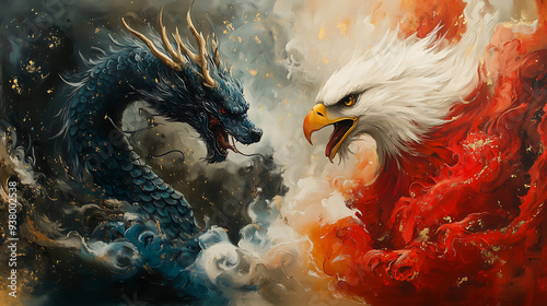 A dramatic scene of a fierce dragon and a powerful eagle facing off in an intense showdown, surrounded by swirling abstract, represent china versus usa