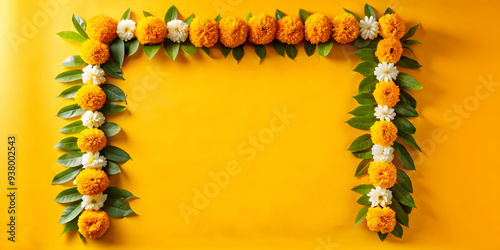 Marigold and Mango Leaves Garland Frame concept as Vertical frame with marigold flowers and mango leaves arranged on the top and bottom edges providing a vibrant and traditional Dussehra themed copy s photo