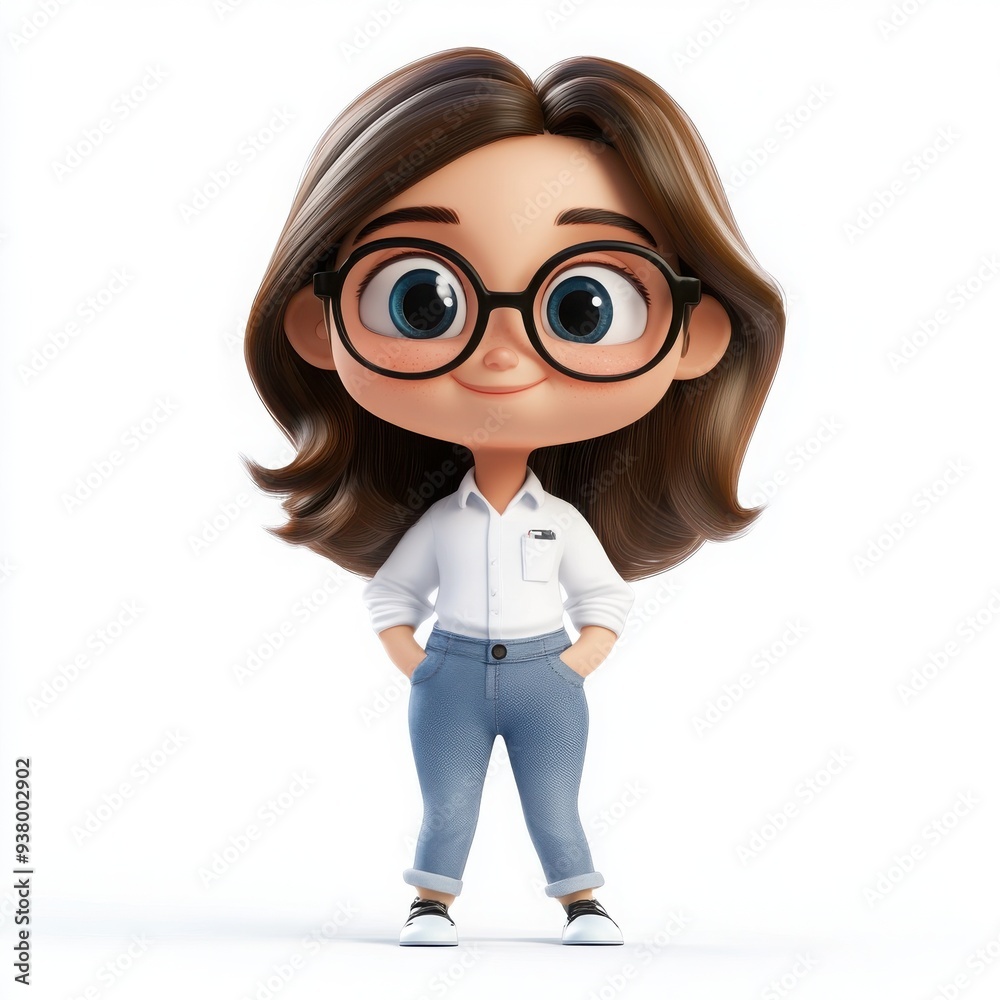 Cartoon Girl Data Analyst, a vibrant 3D illustration of a cheerful girl with a large head and big eyes, designed to engage children with her friendly smile against a clear white background Cartoon Girl Data Analyst, a vibrant 3D illustration of a cheerful girl with a large head and big eyes, designed to engage children with her friendly smile against a clear white background