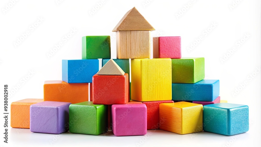 Colorful stack of wooden blocks in various shapes and sizes on a white background Colorful stack of wooden blocks in various shapes and sizes on a white background