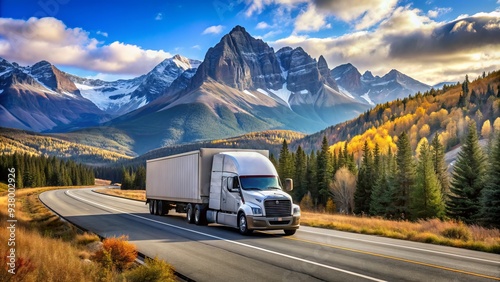 Semi-Truck On The Highway With A Scenic Mountain Landscape Backdrop photo