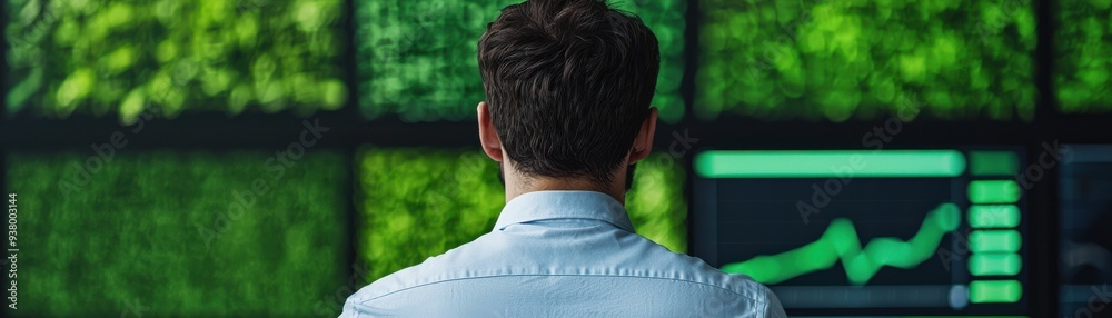 A focused individual analyzing data on multiple screens with a backdrop of vibrant greenery, symbolizing growth and innovation.