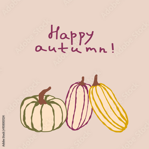 Colorful autumn pumpkins with seasonal greeting on a light background celebrating the fall harvest season