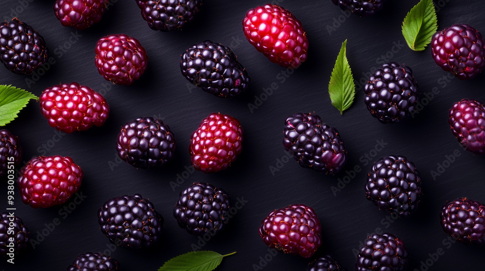 A close-up view of fresh, ripe mulberries scattered across a dark, textured background. The berries are a rich, deep purple, with some variations of dark red, each one glistening w A close-up view of fresh, ripe mulberries scattered across a dark, textured background. The berries are a rich, deep purple, with some variations of dark red, each one glistening w