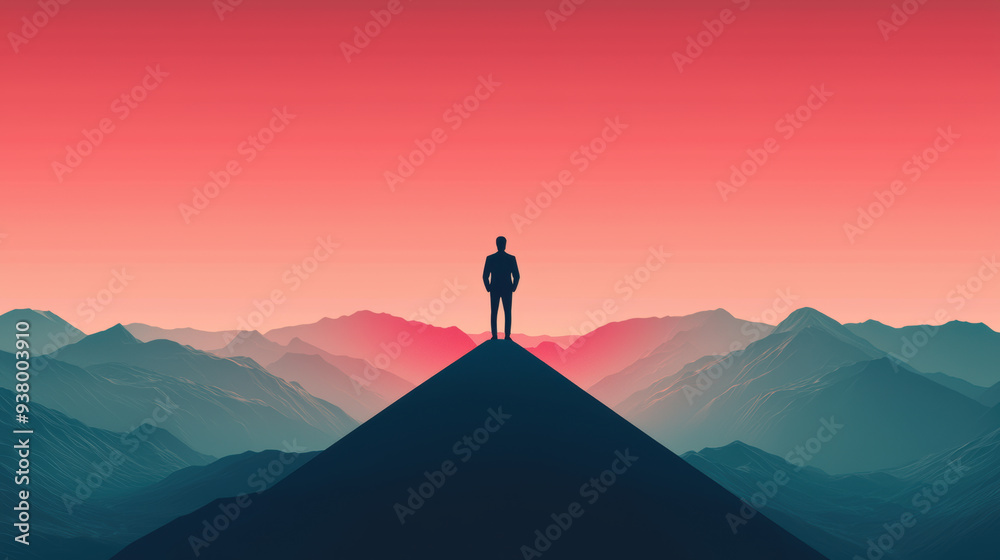 A solitary figure stands on a peak against a vibrant sunset, symbolizing solitude and reflection amidst natural beauty. A solitary figure stands on a peak against a vibrant sunset, symbolizing solitude and reflection amidst natural beauty.