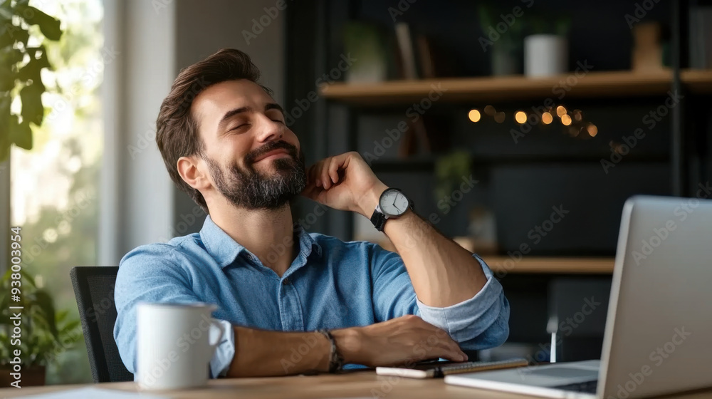 A man in a casual shirt relaxes and smiles in his home office, enjoying a moment of tranquility by his laptop. A man in a casual shirt relaxes and smiles in his home office, enjoying a moment of tranquility by his laptop.