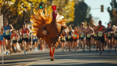 Person dressed as turkey running a marathon with enthusiastic spectators and participants around