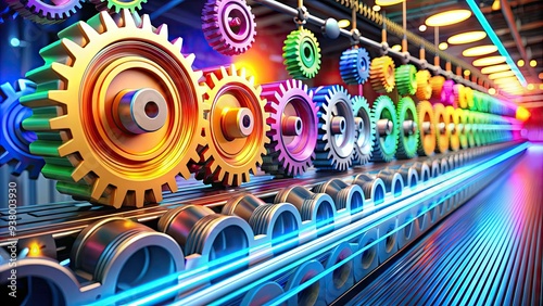 A colorful production line with rhythmic sound waves and clockwork gears illustrating the harmony of takt and time in lean manufacturing optimization. photo