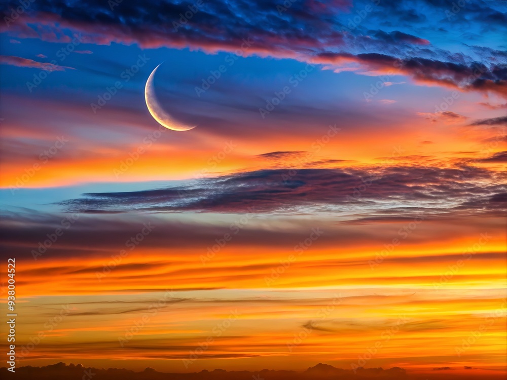Serene dawn breaks with a crescent moon suspended between wispy clouds, casting a warm glow on the horizon, signaling a new day's arrival.