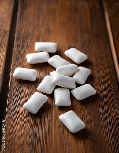 Chewing gum pieces on a wooden background. Copy space