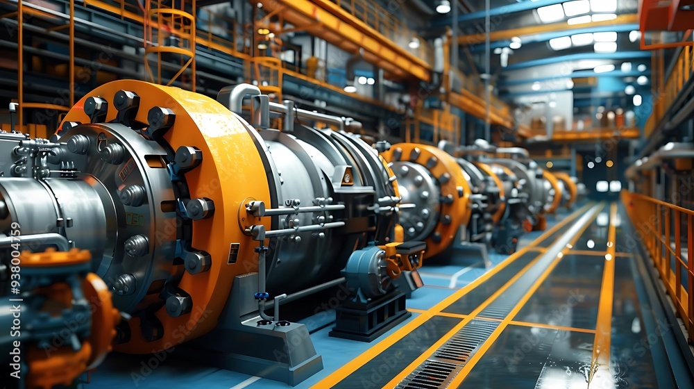 A modern industrial facility featuring large machinery and equipment for manufacturing or processing.